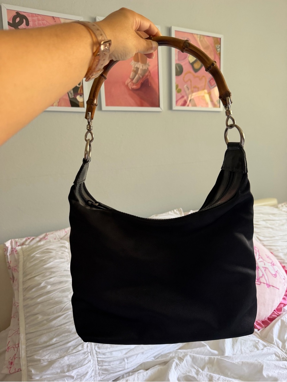 Vintage Gucci Black Bamboo-Handle Shoulder Bag
